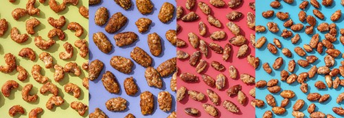 Flat-lay of the four Yay Nuts flavors: Cashews, Peanuts, Almonds, and Pecans