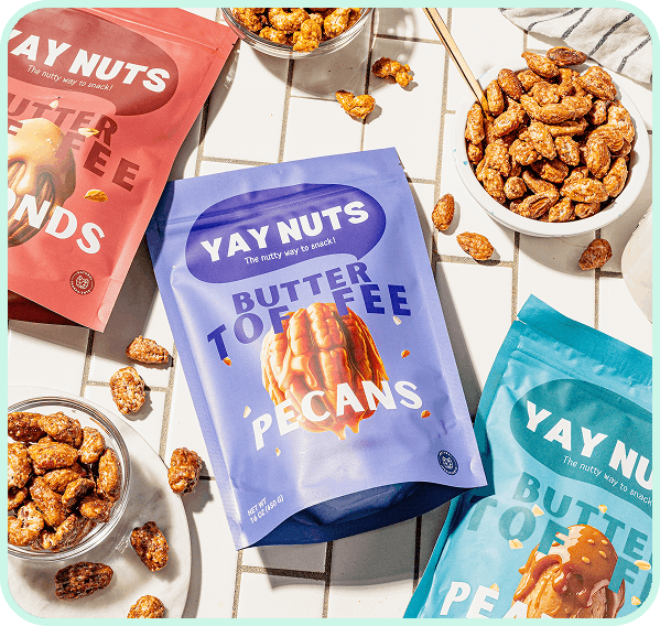 Yay Nuts Products - Butter Toffee Pecans, Almonds, Peanuts